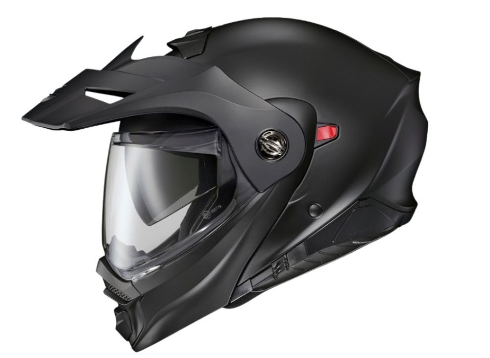 Side view of ScorpionEXO AT960 helmet in matte black with peak and clear visor