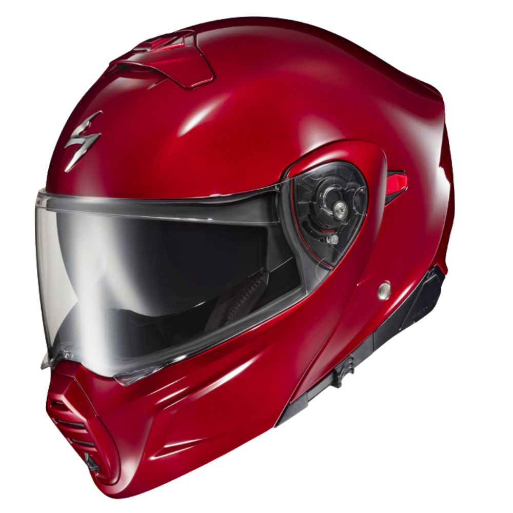 Side view of a glossy red Scorpion EXO-GT930 modular helmet showing visor, chin vent, and top vent.