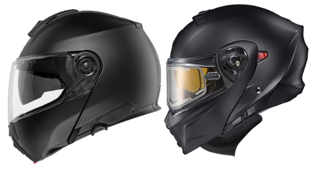 Side-by-side comparison of helmets: Schuberth C5 on the left with glass-fiber shell, Scorpion EXO-GT930 on the right with polycarbonate shell.