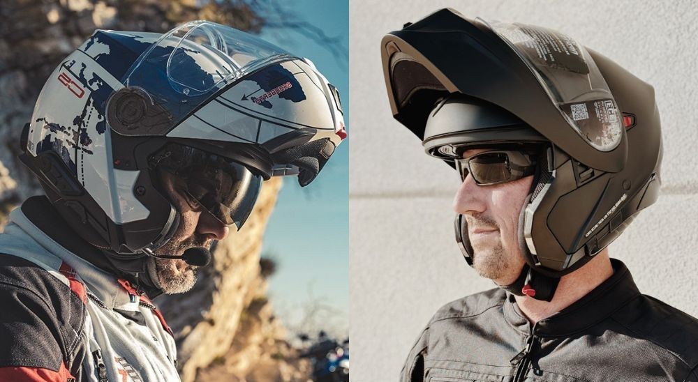 Side view of Schuberth C5 helmet (left) with chin bar up and Scorpion EXO-GT930 helmet (right) with raised chin bar in open-face mode.
