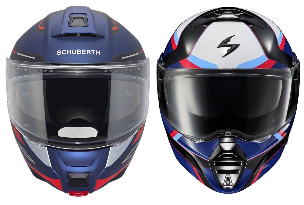 Front view of Schuberth C5 helmet on the left and Scorpion EXO-GT930 helmet on the right, both in blue/red graphic finishes.