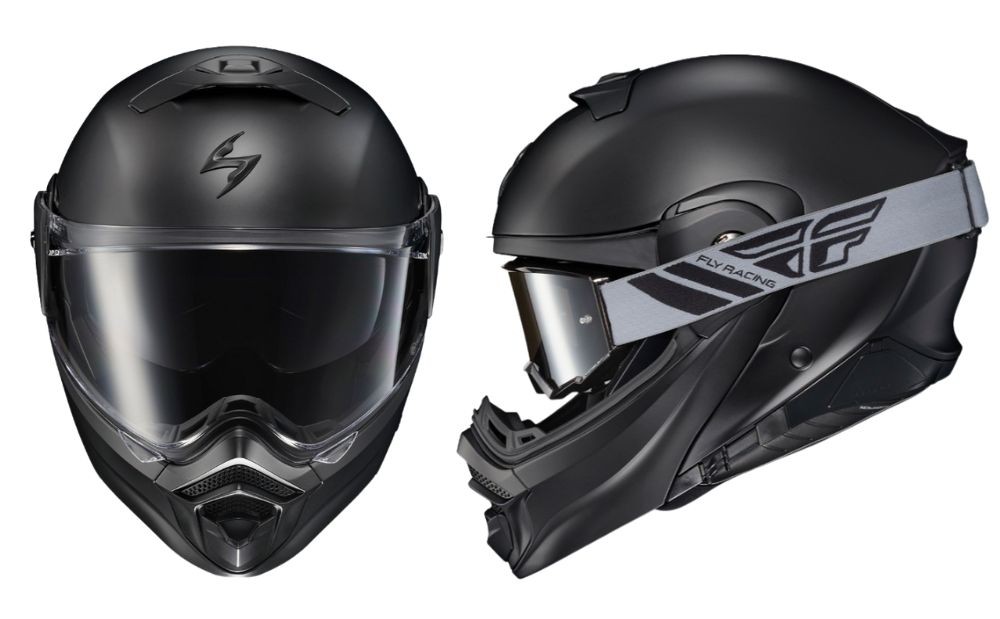 Front and side view of ScorpionEXO AT960 helmet showing EverClear shield, drop-down sun visor, and goggle compatibility