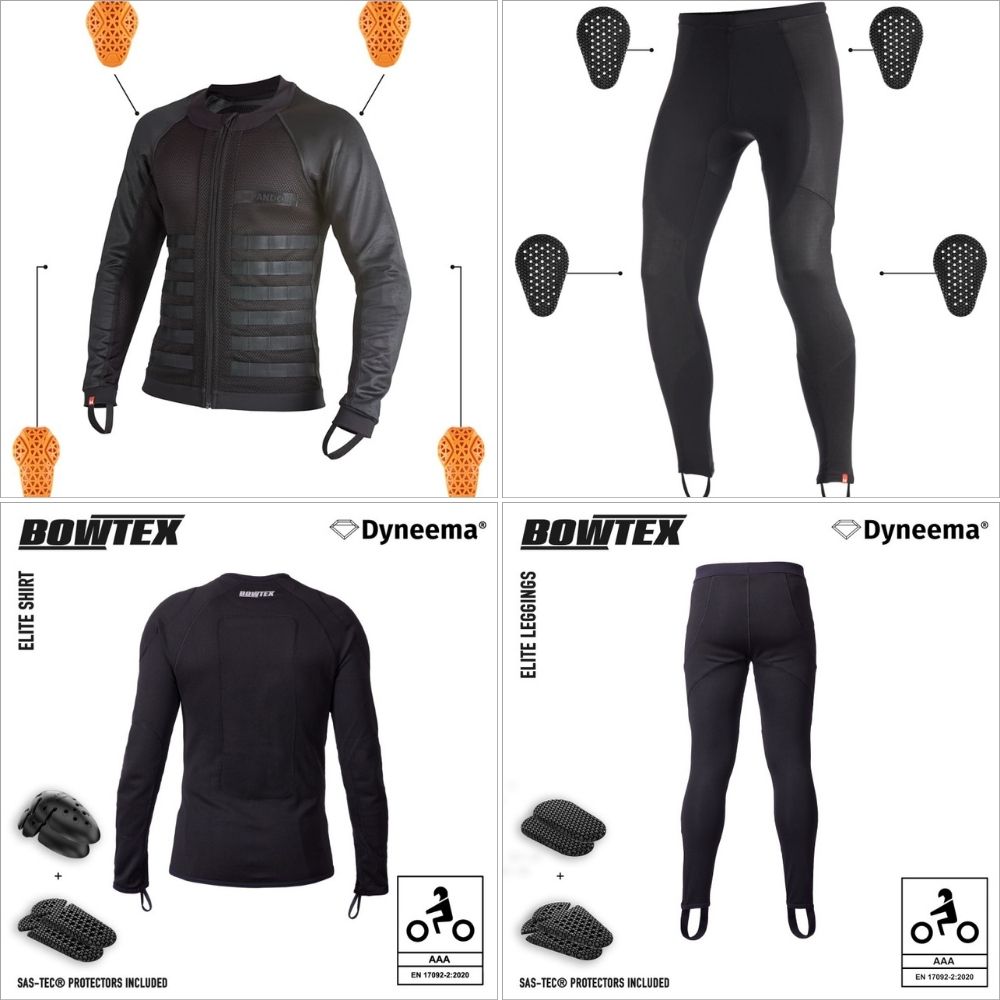 Comparison of Bowtex and Pando Moto motorcycle underlayers with SAS-TEC armour, CE AAA rating, and abrasion protection differences.