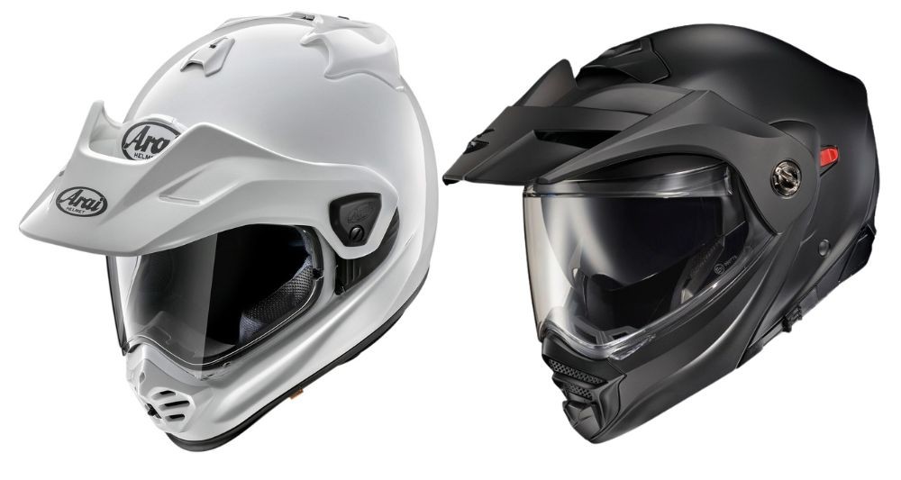 Side-by-side view of Arai XD-5 premium ADV helmet and ScorpionEXO AT960 budget modular ADV helmet