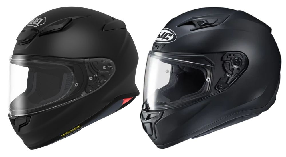 Side-by-side comparison of Shoei RF-1400 and HJC i10 helmets in matte black, highlighting design and construction differences.