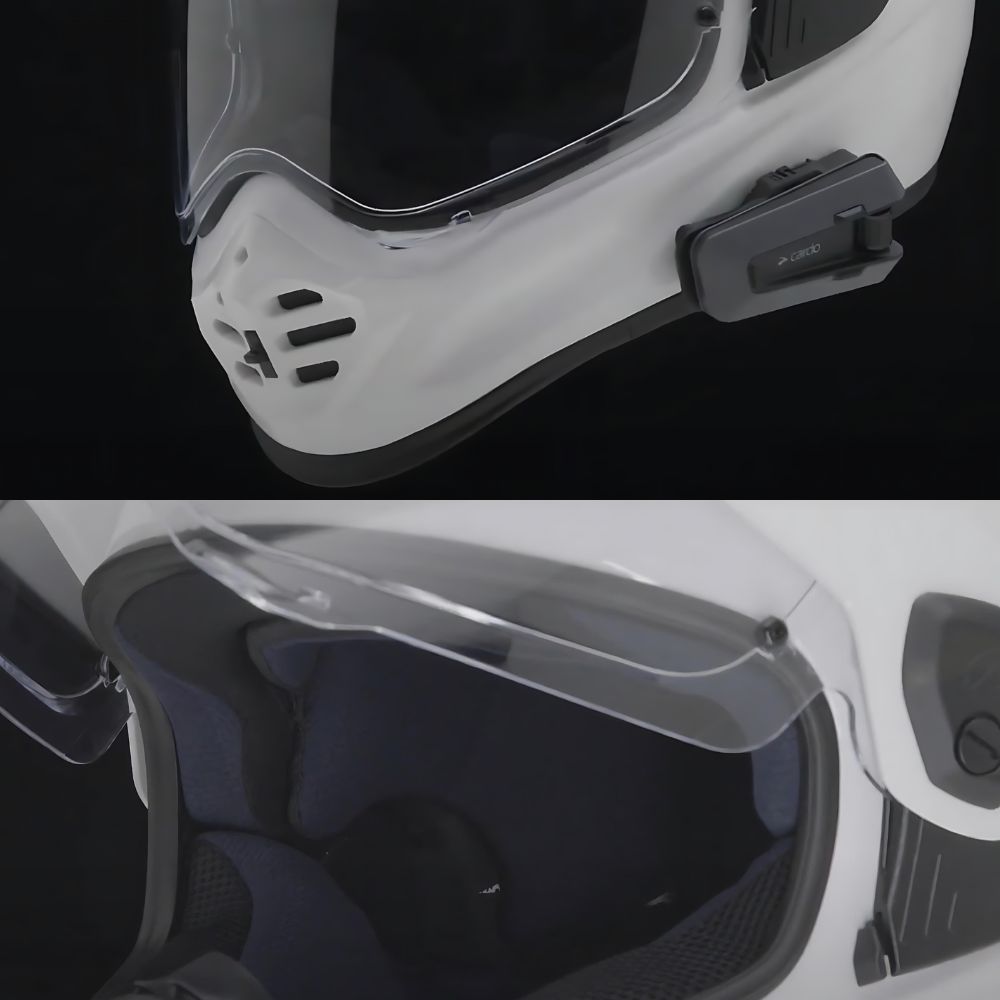 Close-up of Arai XD-5 helmet showing chin vent, visor, and comms mount with interior speaker pocket view.