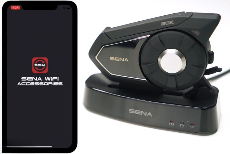 Sena 30K headset on Wi-Fi Docking Station with smartphone app