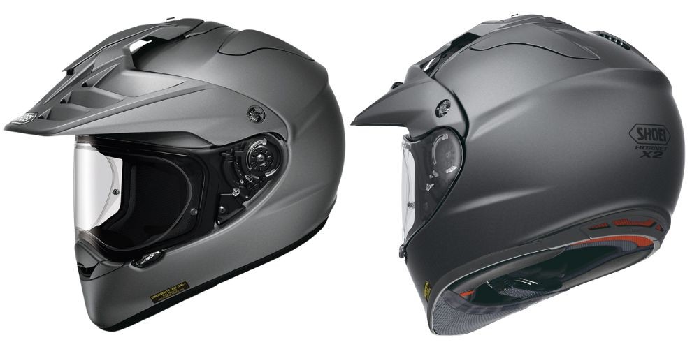 Side and rear views of the Shoei Hornet X2 adventure helmet in matte gray, showing shell design and finish quality.