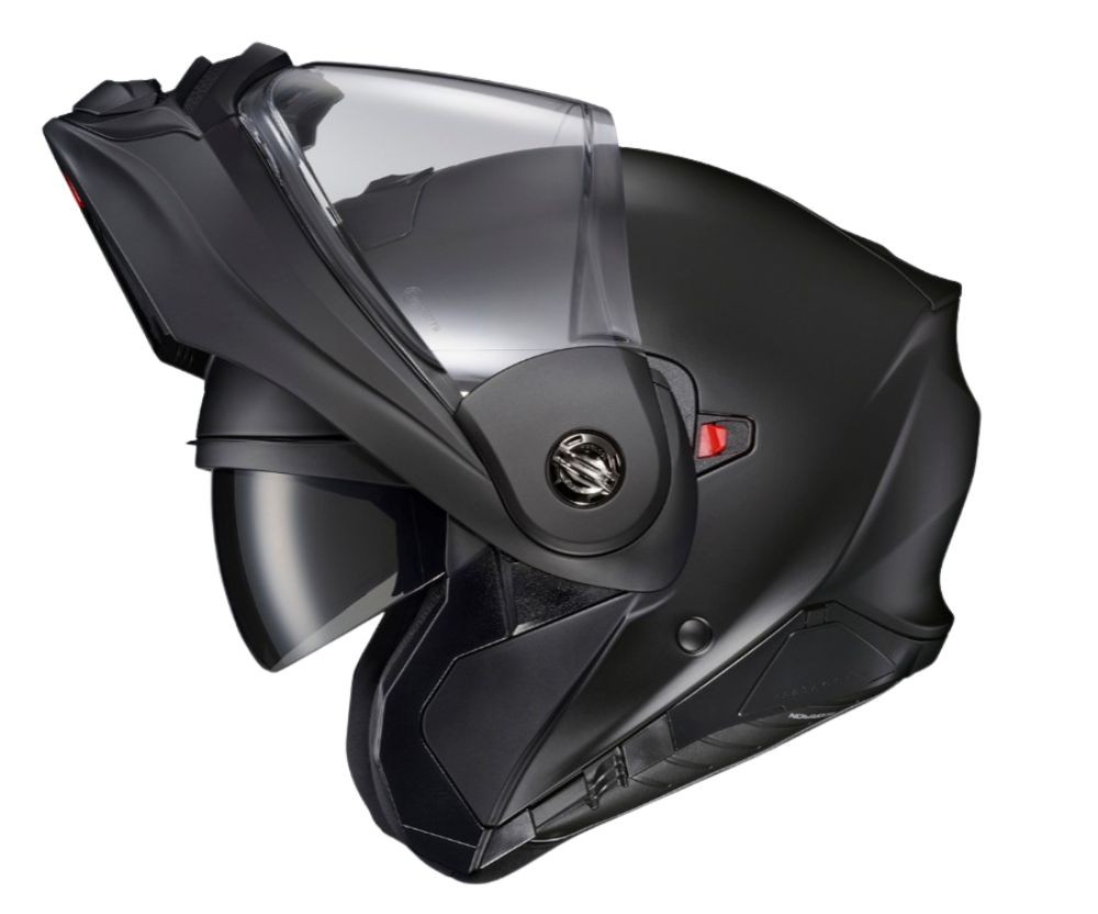 Side view of ScorpionEXO AT960 helmet with chin bar flipped up showing modular design