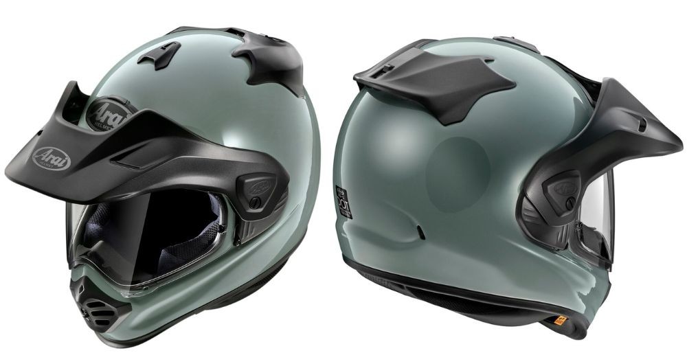 Arai XD-5 adventure touring helmet in green with black peak and rear spoiler, shown front and rear views.