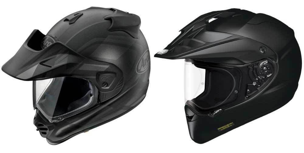 Side views of the Arai XD-5 and Shoei Hornet X2 adventure helmets in black, showing design differences.