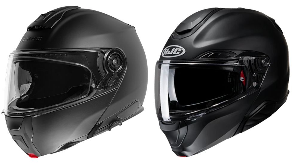 Side-by-side of Schuberth C5 and HJC RPHA 91 modular helmets in matte black.