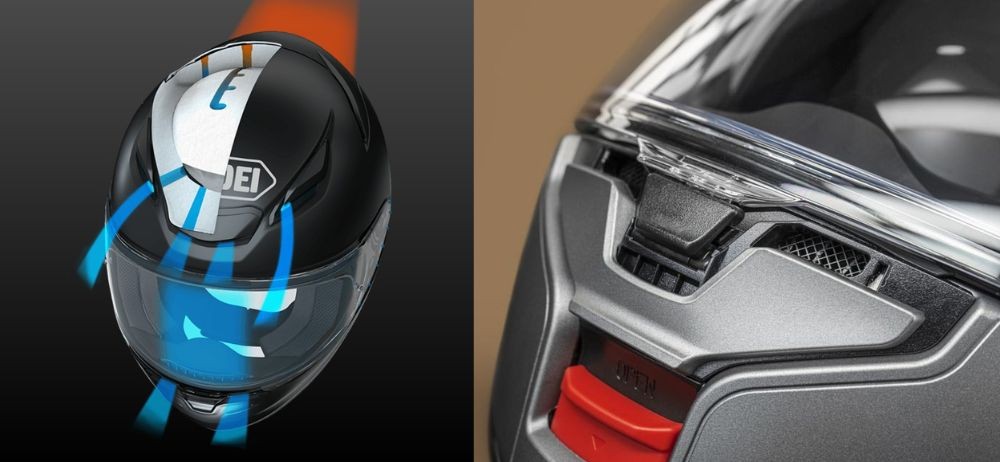 Shoei RF-1400 top vent airflow vs. Shoei Neotec 3 chin vent close-up, showing ventilation design differences.