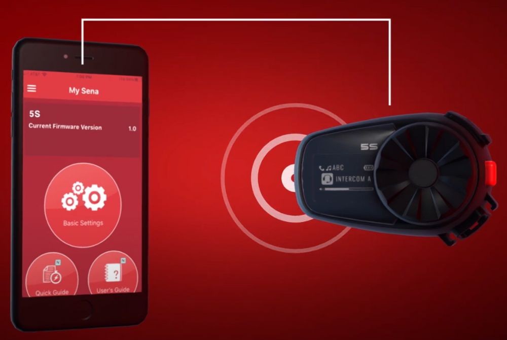 Sena 5S headset shown alongside the Sena Utility app on a smartphone for settings and updates.