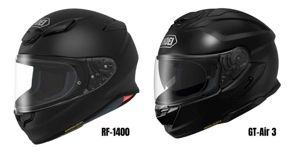 Shoei RF-1400 and GT-Air 3 side-by-side, showcasing design differences in two premium motorcycle helmets.