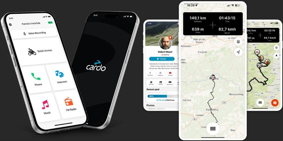 Smartphones displaying the Cardo Connect and Riser apps with intercom, music, maps, and ride tracking features.