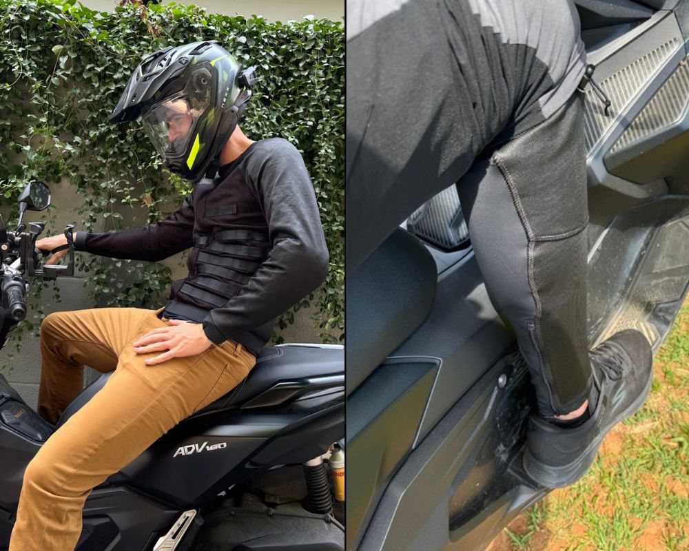 Rider wearing Pando Moto Skin leggings and Commando jacket, highlighting airflow, comfort, and flexible protection in hot climates.