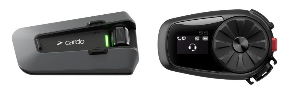 Side-by-side view of the Cardo Packtalk Edge and Sena 5S Bluetooth motorcycle headsets.
