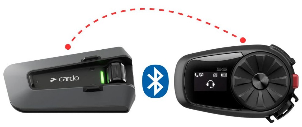 Cardo Packtalk Edge and Sena 5S headsets shown with Bluetooth connection illustration.