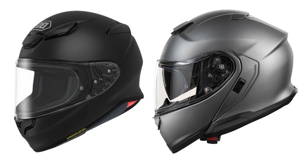 Shoei RF-1400 and Shoei Neotec 3 helmets side by side, showing full-face and modular designs for price comparison.
