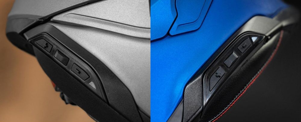 Side view of Shoei Neotec 3 and GT-Air 3 helmets showing integrated SRL3 communicator controls