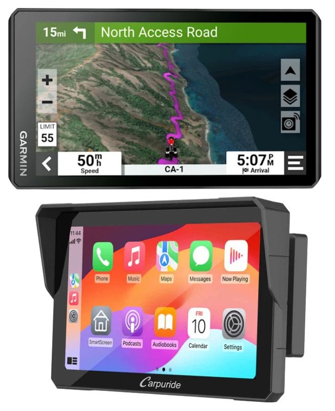 Side-by-side Garmin Zumo XT2 GPS and Carpuride CarPlay/Android Auto motorcycle displays