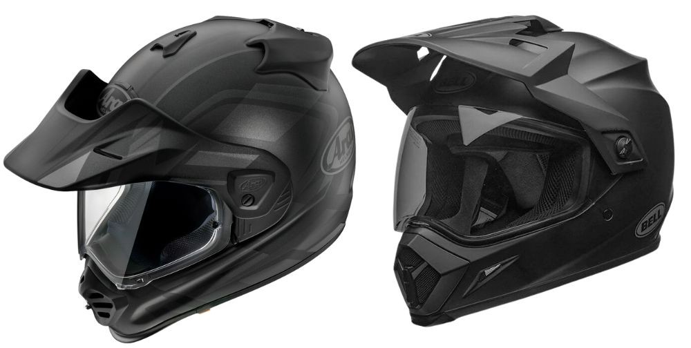 Side-by-side view of Arai XD-5 and Bell MX-9 Adventure MIPS helmets in matte black