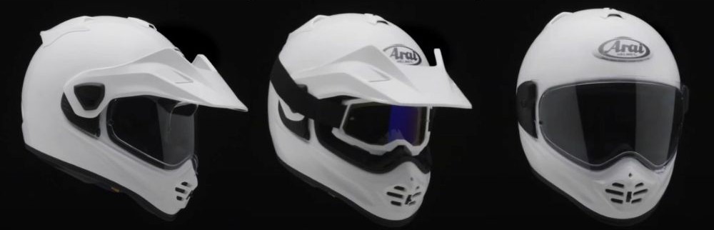 Three Arai XD-5 helmet setups showing peak with shield, peak with goggles, and shield-only configurations