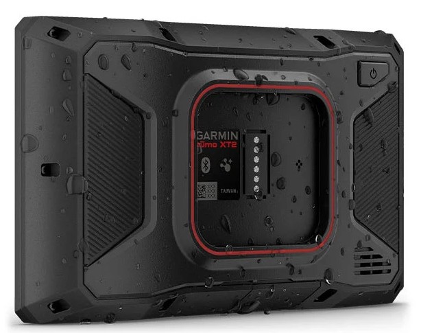 Rear view of Garmin Zumo XT2 GPS with water droplets showing IPX7 waterproofing and rugged design