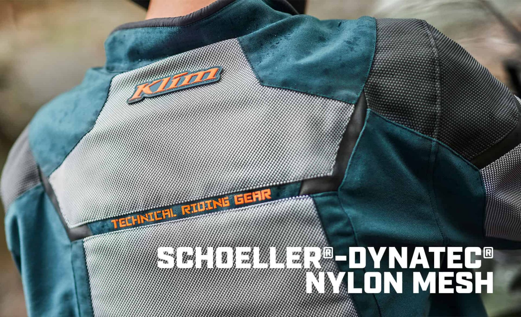Klim Baja S4 jacket back panel showing Schoeller-Dynatec mesh and reinforced Superfabric zones for airflow and abrasion resistance.