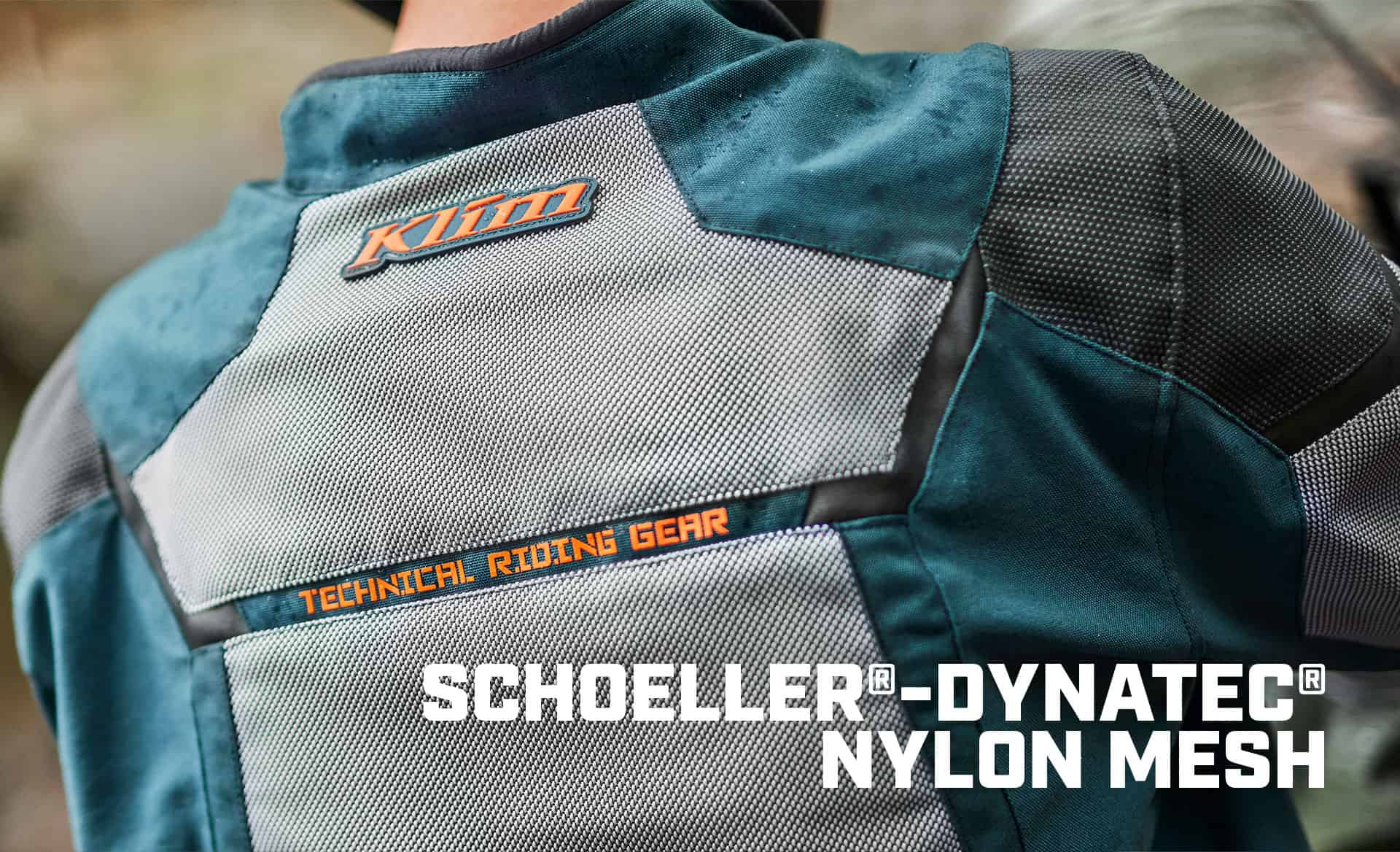 Close-up of Klim Baja S4 jacket back panel showing mesh and reinforcement materials