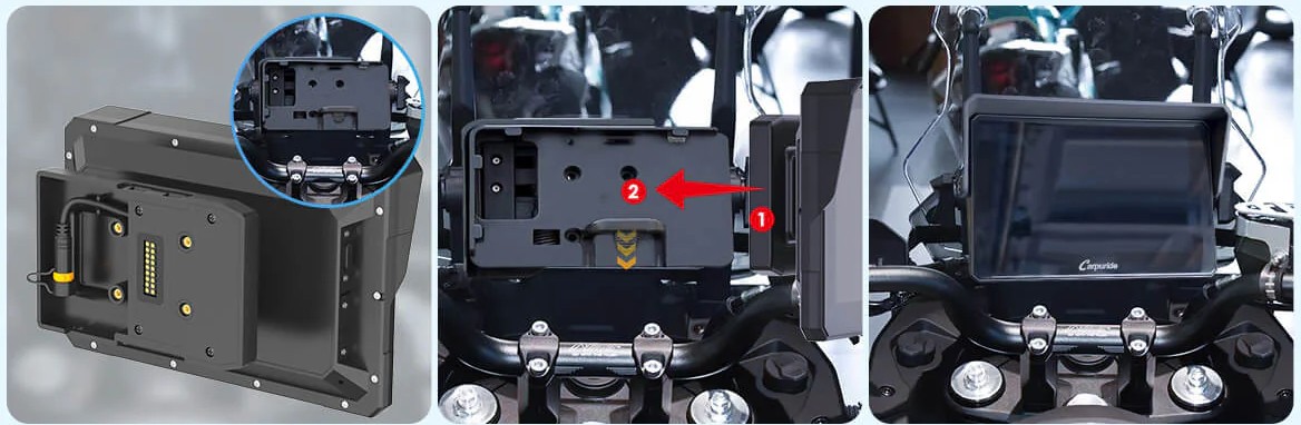 Carpuride display with mounting bracket options including BMW Nav Prep compatibility shown on motorcycle cockpit