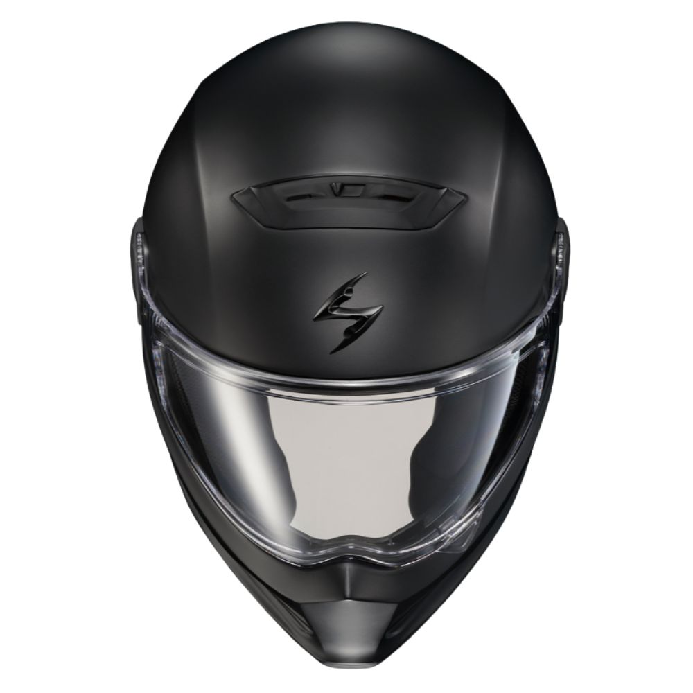 Front view of Scorpion Covert FX helmet showing clear visor and top vent design.