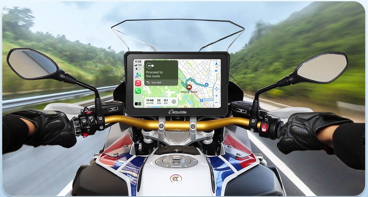 Carpuride display running Apple Maps navigation on a motorcycle cockpit