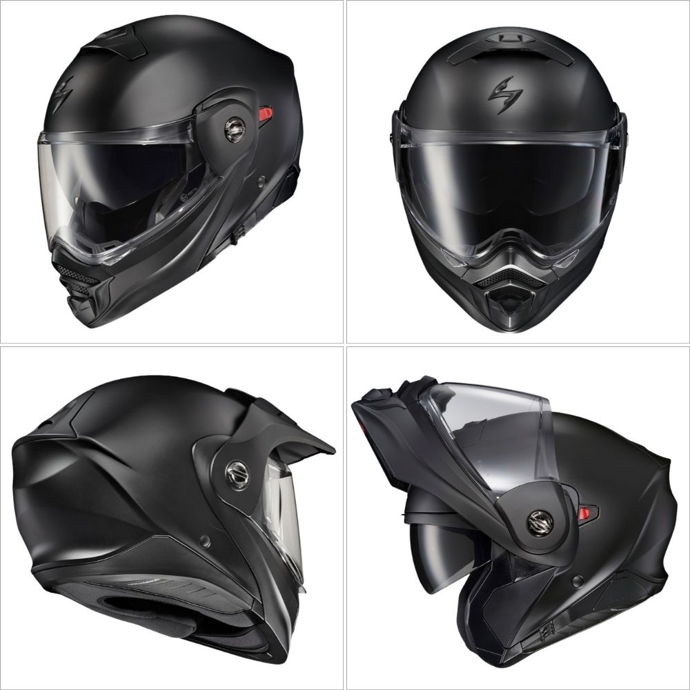 ScorpionEXO AT960 modular adventure helmet in matte black shown from multiple angles