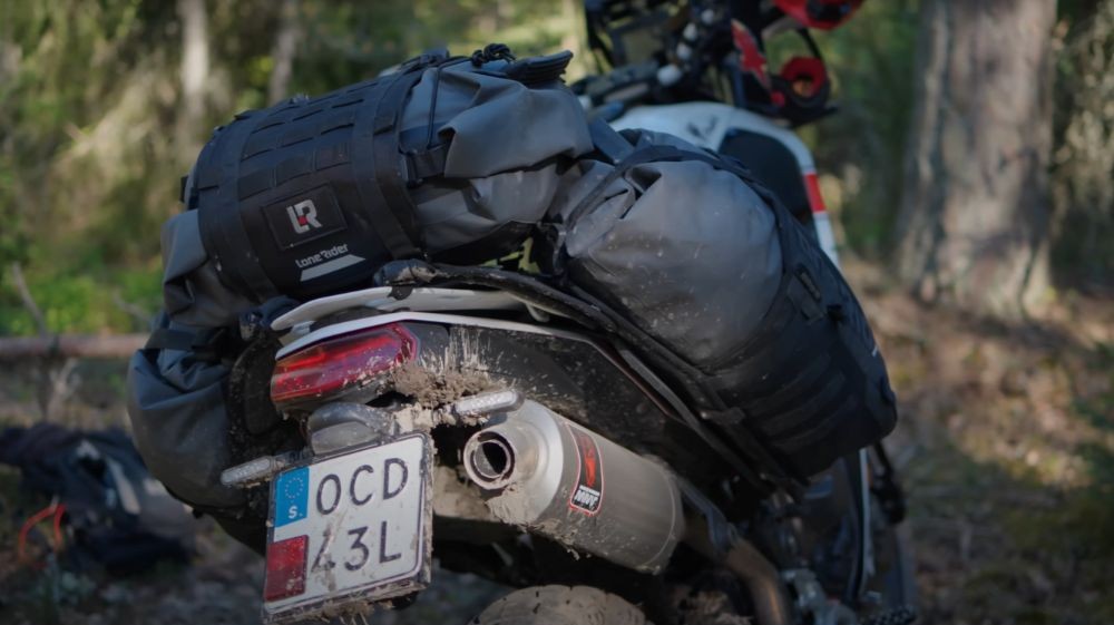 Rear view of a fully loaded motorcycle with Lone Rider ADV bags.