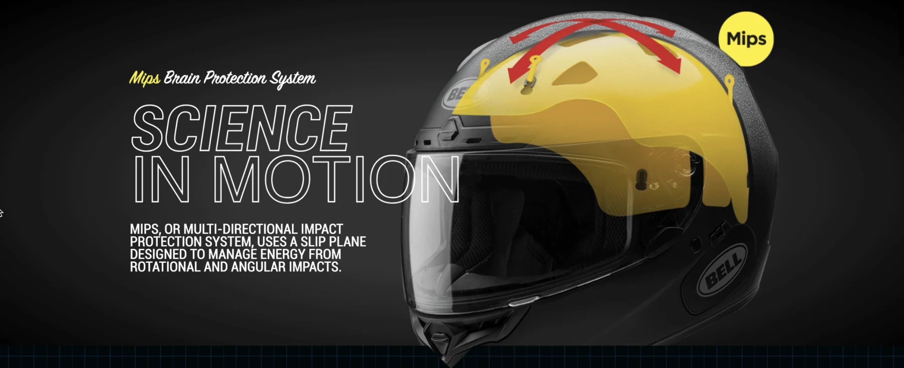 Bell Qualifier DLX MIPS helmet diagram showing yellow slip-plane layer that reduces rotational impact forces.