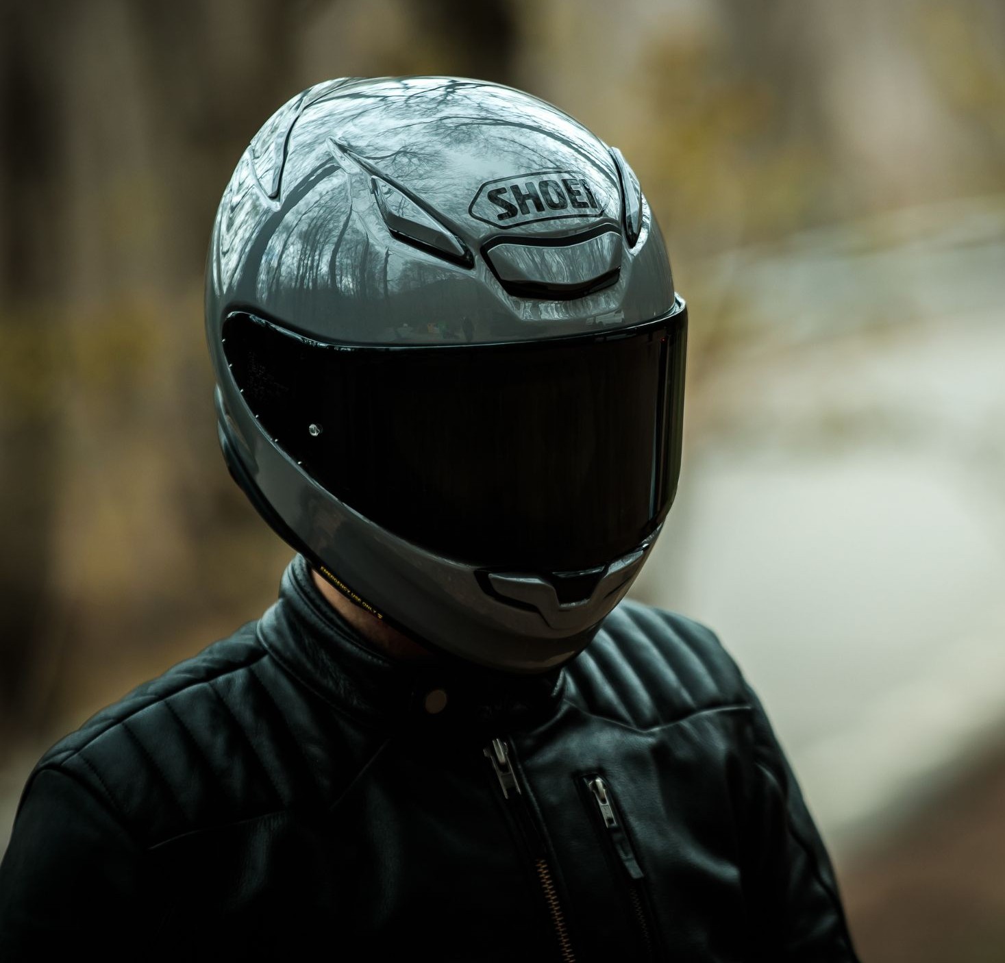 Shoei RF-1400 helmet with dark visor, built for quiet highway rides and premium protection.