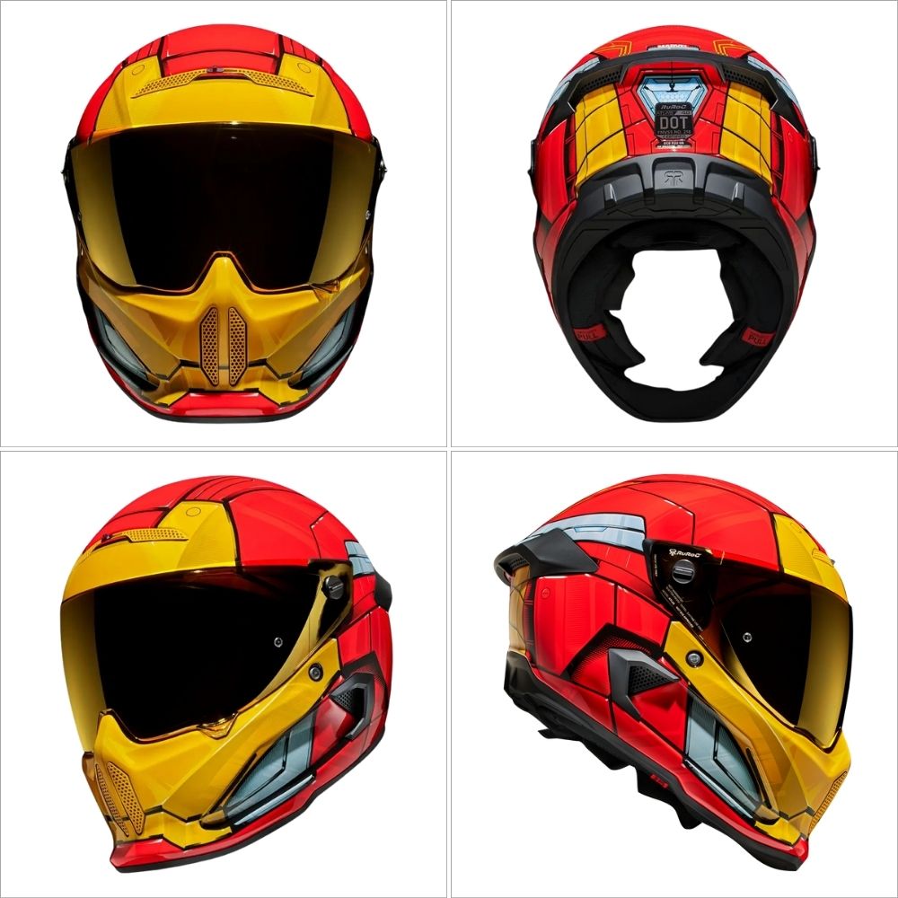 Ruroc ATLAS 4.0 Iron Man motorcycle helmet shown from multiple angles, featuring red, gold, and silver Marvel-inspired design.