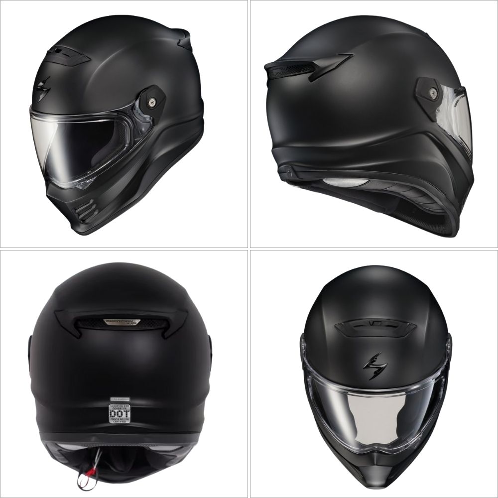 Scorpion EXO Covert FX helmet shown from front, side, rear, and top views in matte black finish.