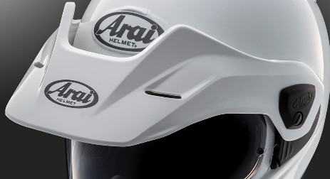 Close-up of Arai XD-5 helmet peak and visor designed for improved aerodynamics