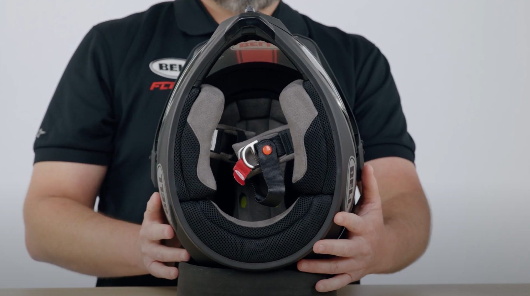 Interior view of Bell MX-9 MIPS helmet liner and padding with D-ring strap