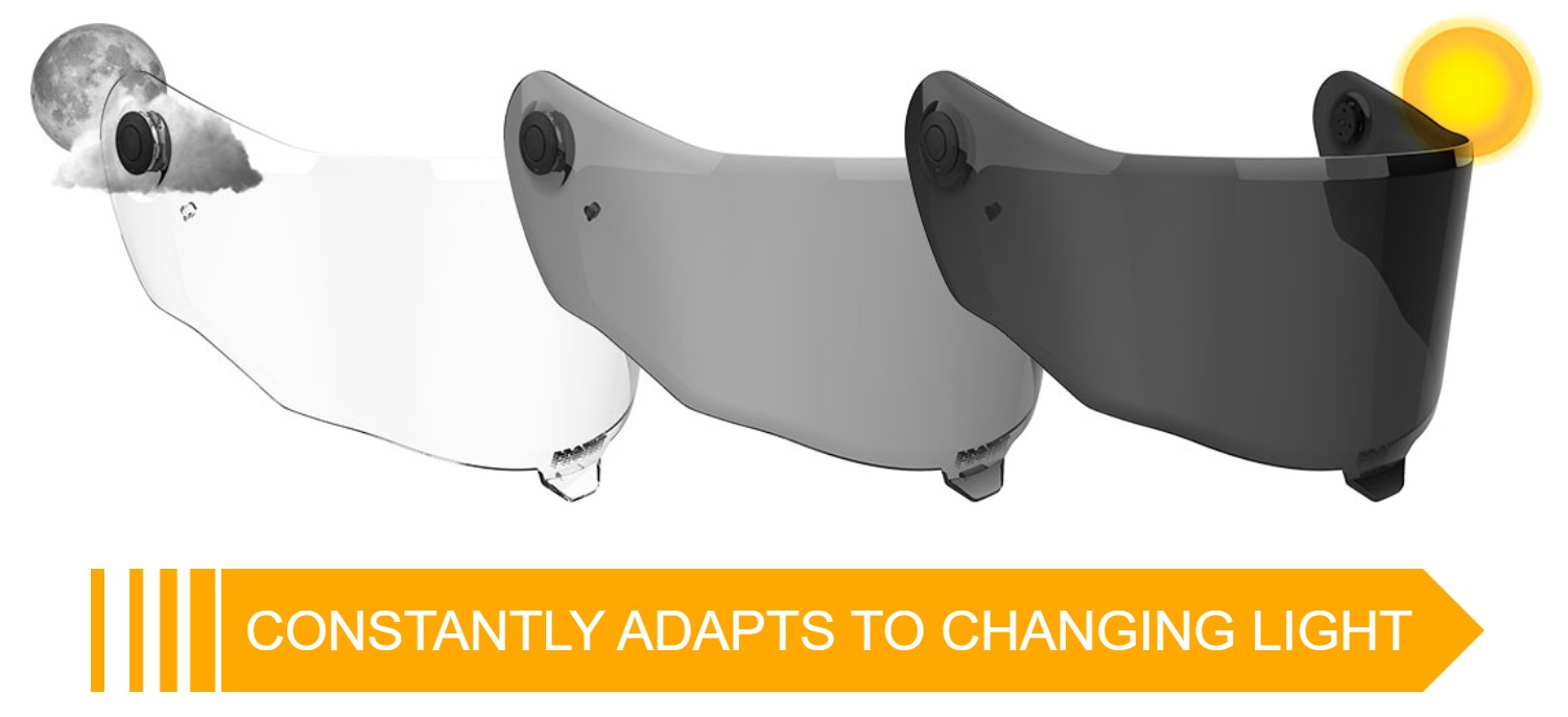 Bell ProTint photochromic shield shown transitioning from clear to dark tint depending on light conditions.