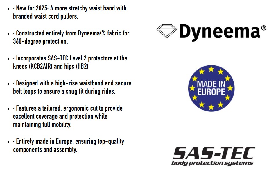 Details of Bowtex Elite features with Dyneema fabric, SAS-TEC protectors, ergonomic cut, and European-made construction.