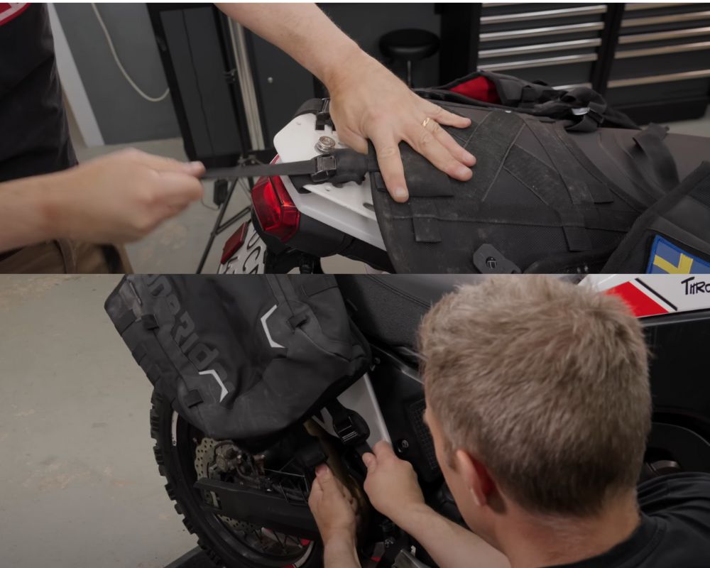 Rider securing Lone Rider ADV bags using dual side straps.