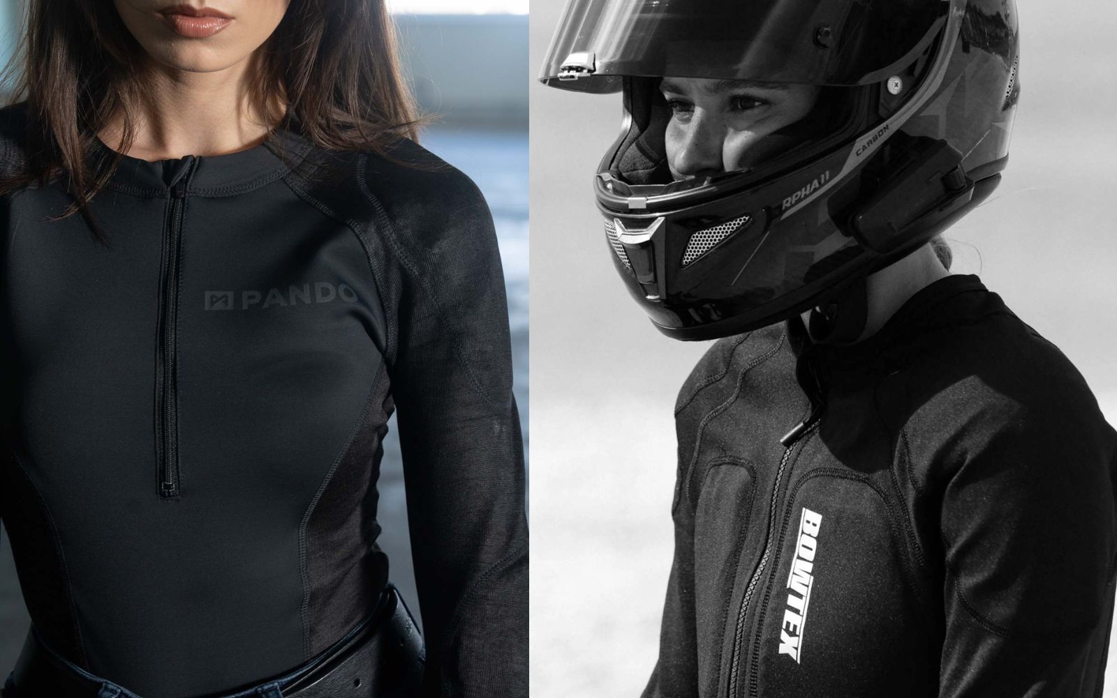Side-by-side comparison of women wearing Pando Moto and Bowtex underlayer shirts, showing female-specific motorcycle gear cuts.