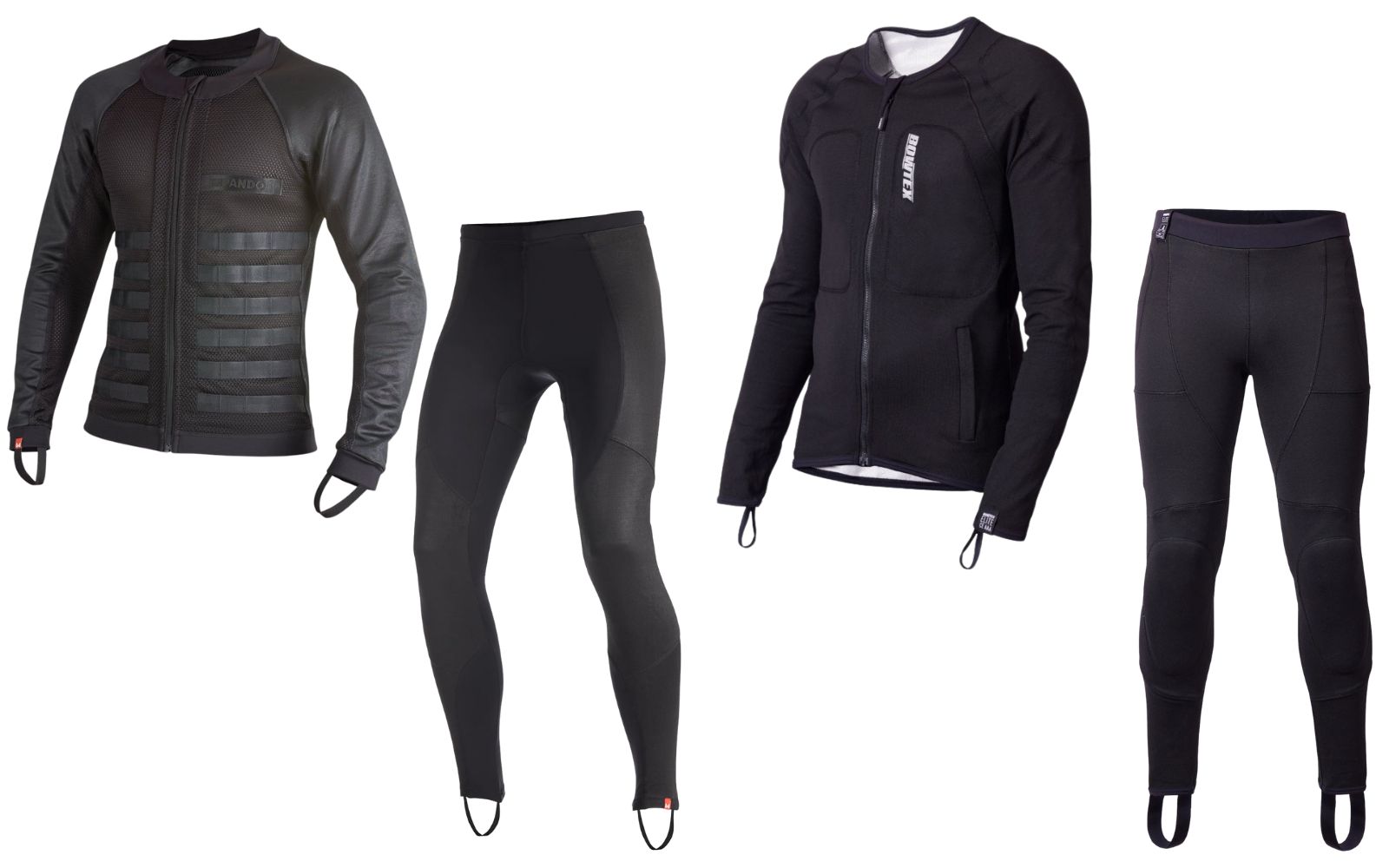 Side-by-side comparison: Pando Moto Skin UH AAA leggings and Commando jacket (left) versus Bowtex Elite leggings and shirt (right).
