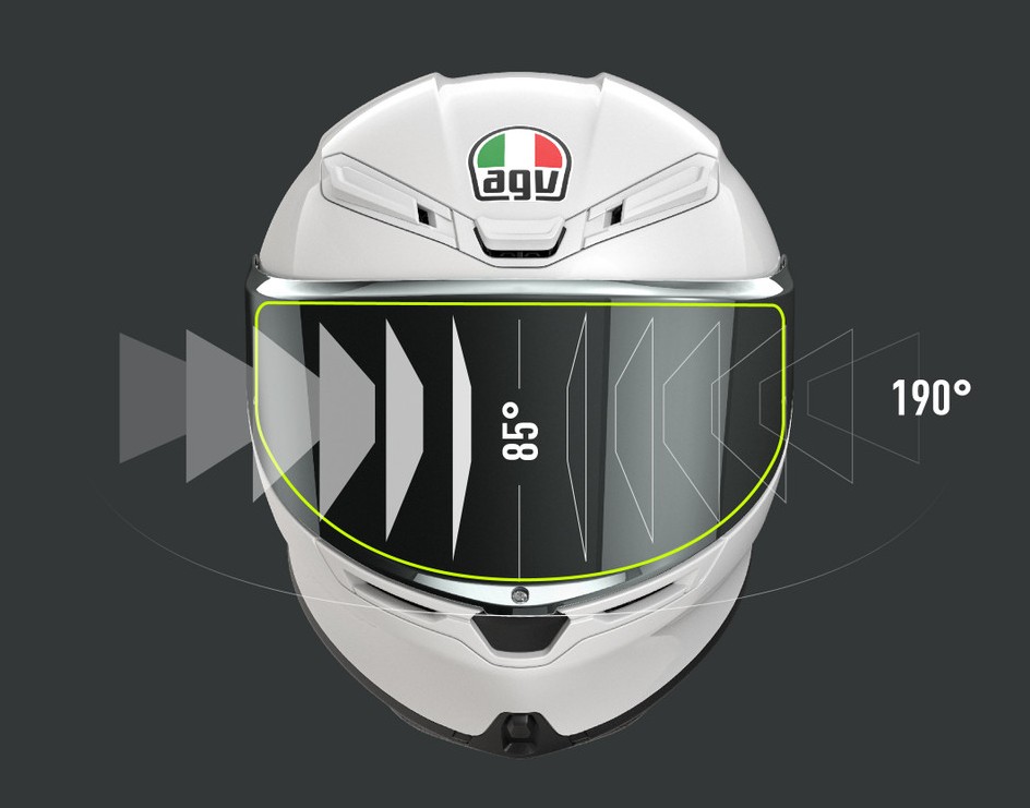 AGV K6 S helmet front view showing 190° horizontal and 85° vertical field of vision