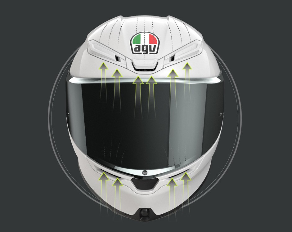 AGV K6 S helmet with three forehead inlets, chin vent, and rear spoiler exhaust for airflow and defogging effect.
