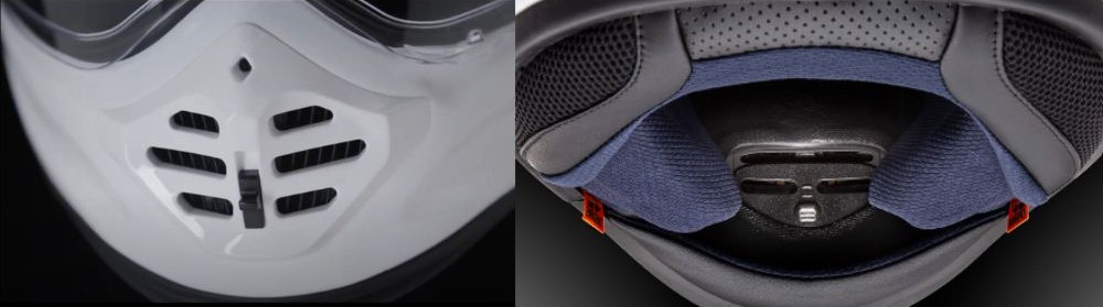 Close-up of Arai XD-5 helmet chin vent and interior exhaust system
